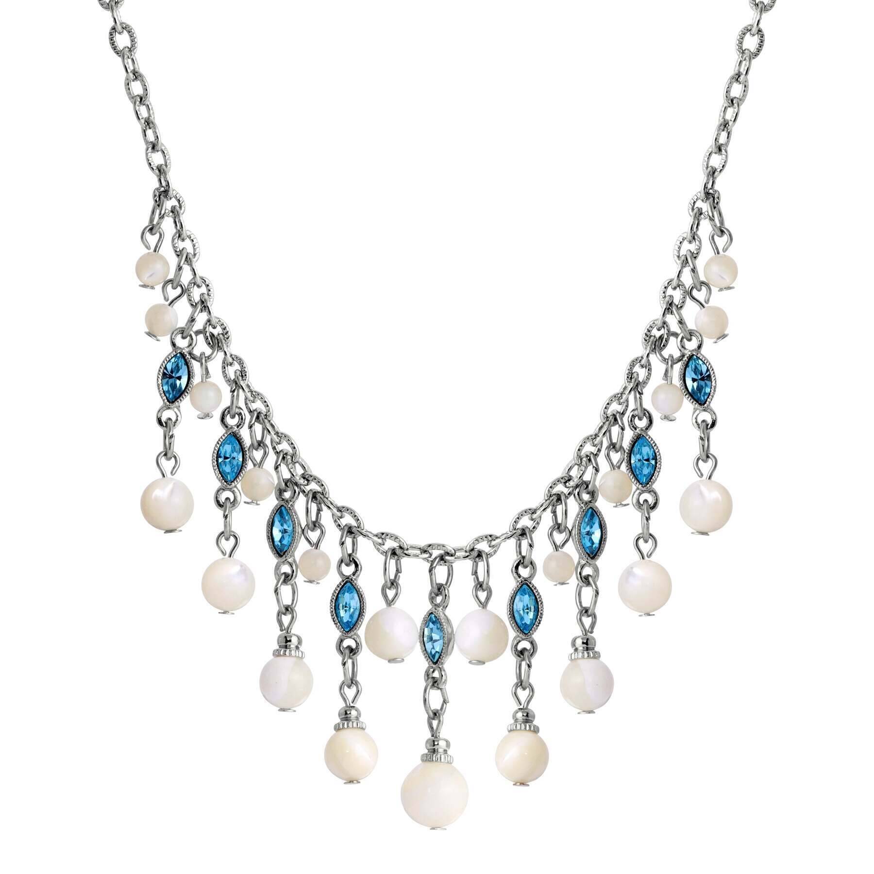1928 Jewelry Aquamarine Crystal Mother Of Pearl Bib Necklace 16" + 3" Extender
