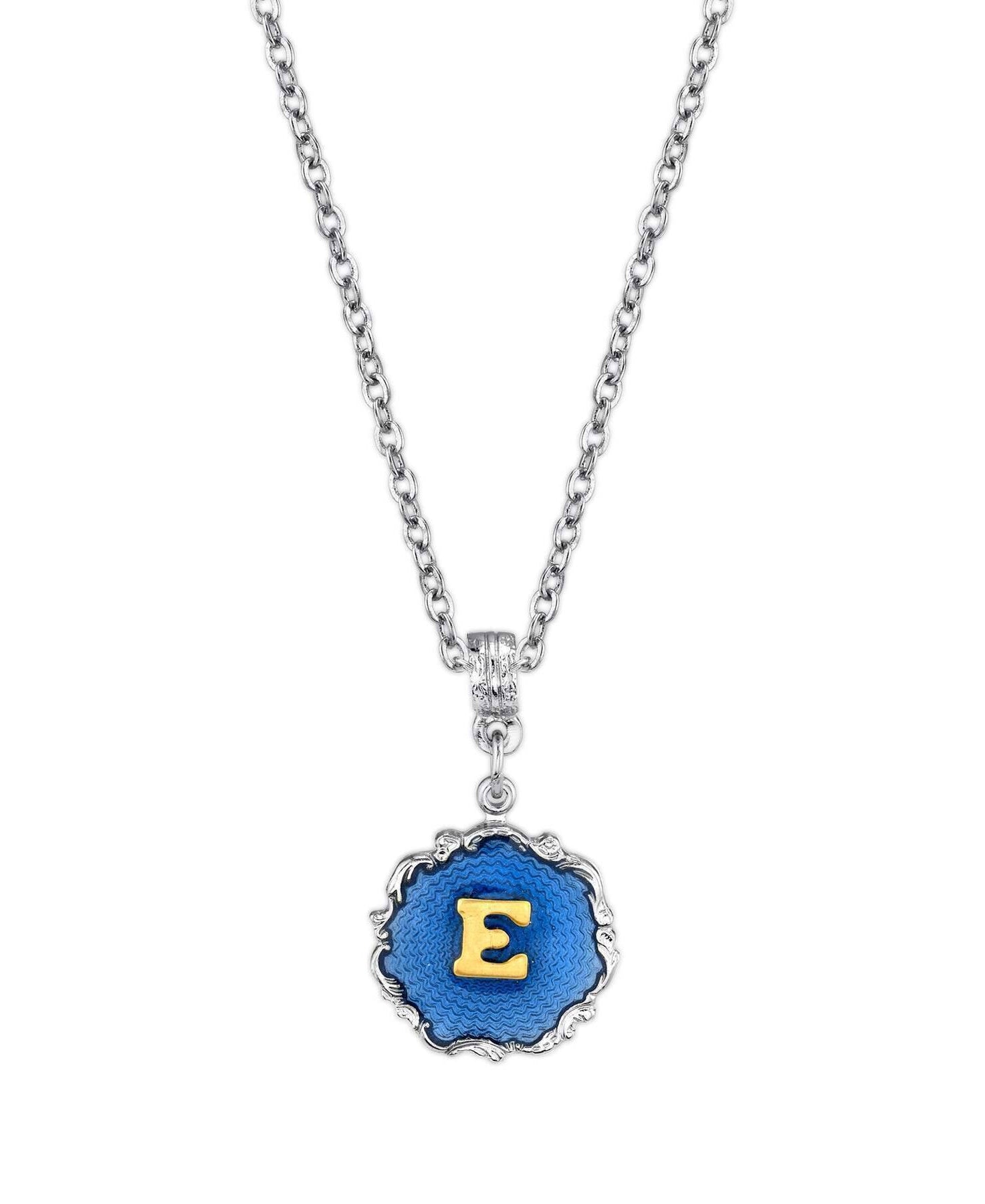 1928 Jewelry Sunburst Blue Enamel Initial Necklace 16" + 3" Extender