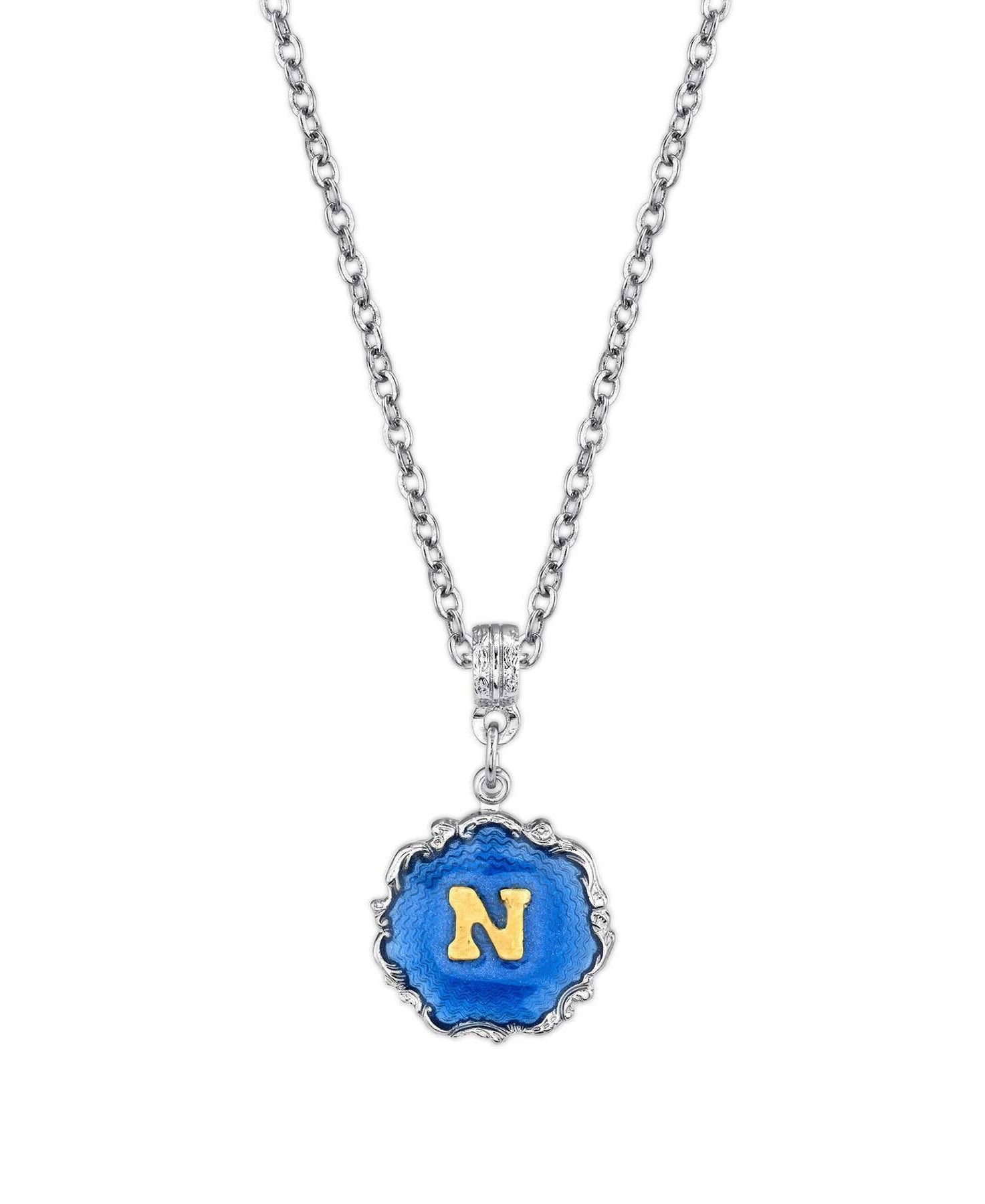 1928 Jewelry Sunburst Blue Enamel Initial Necklace 16" + 3" Extender