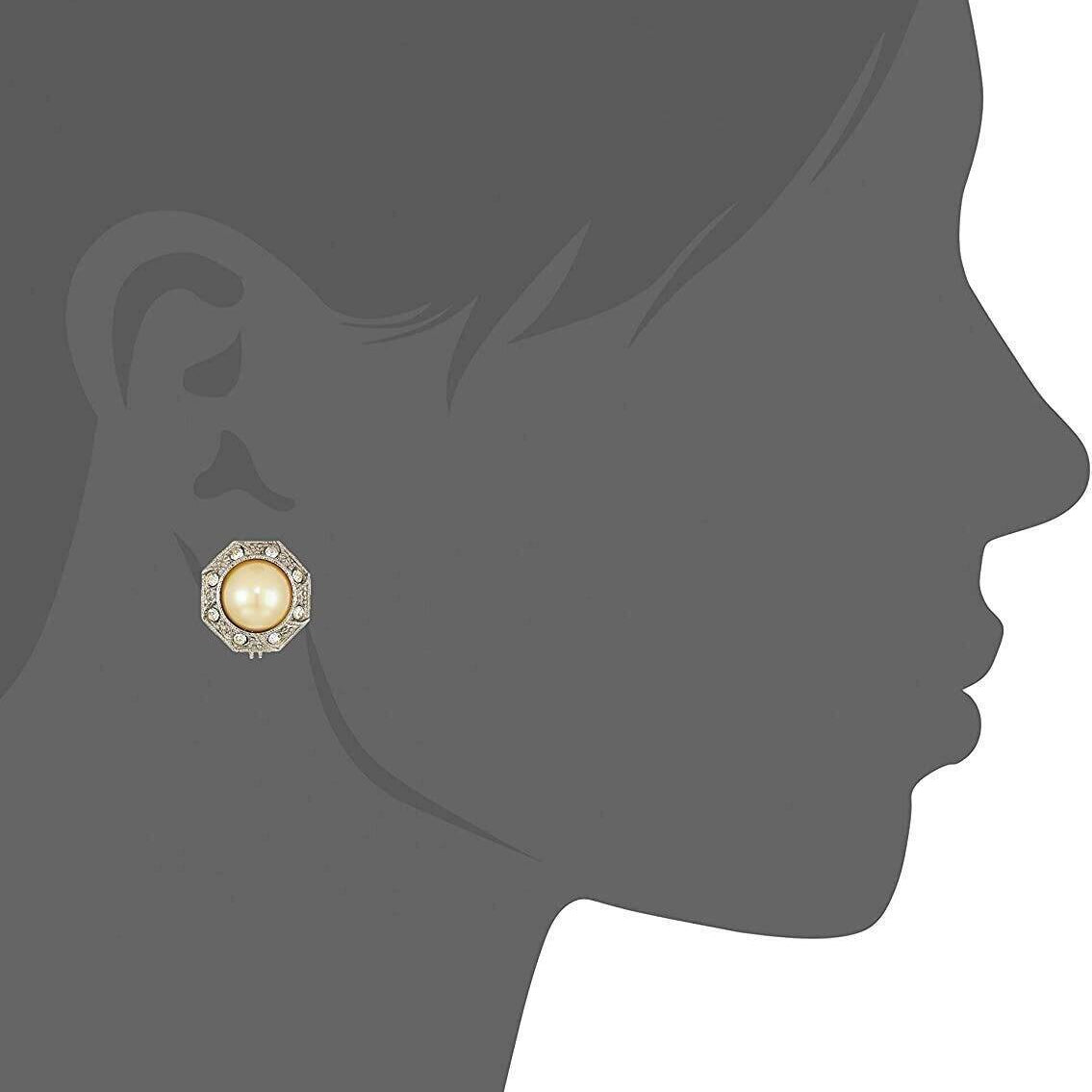 1928 Jewelry Faux Pearl Crystal Round Button Clip On Earrings