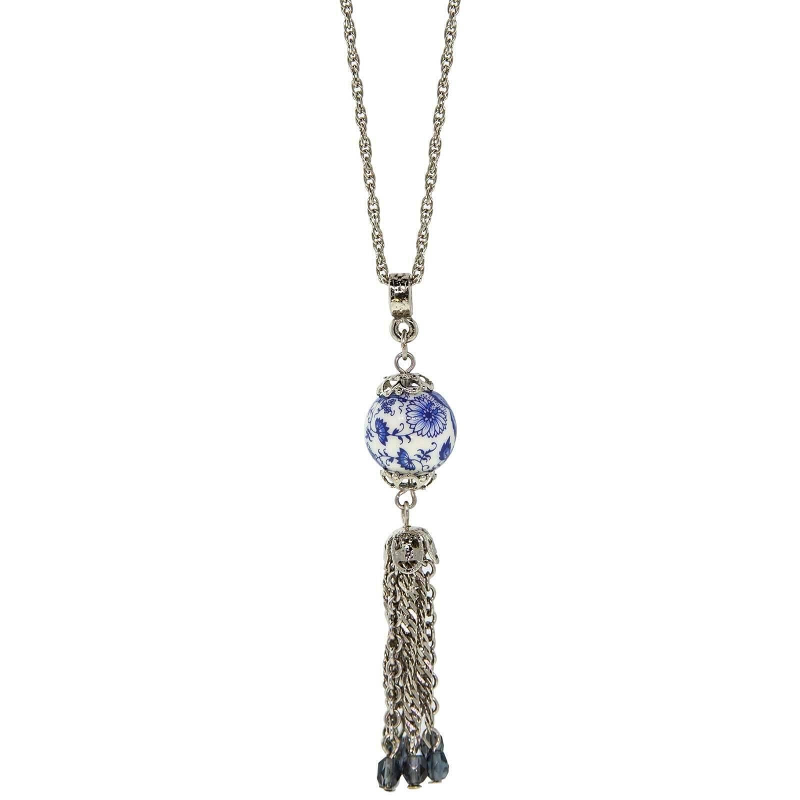 1928 Jewelry Blue Willow Round Bead With Tassel Drop Necklace 16" + 3" Extender