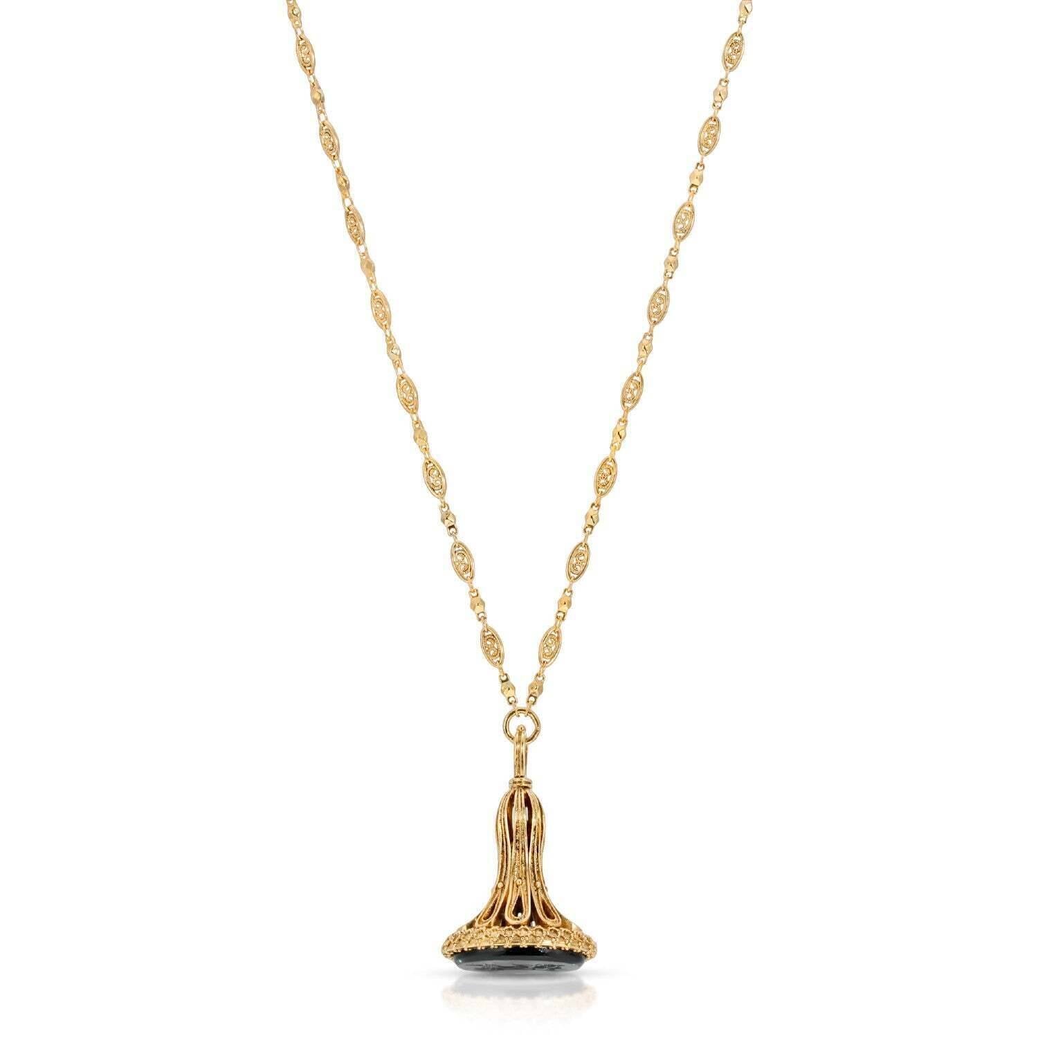 1928 Jewelry Victory Chariot Black Oval Glass Pendant Necklace 30"