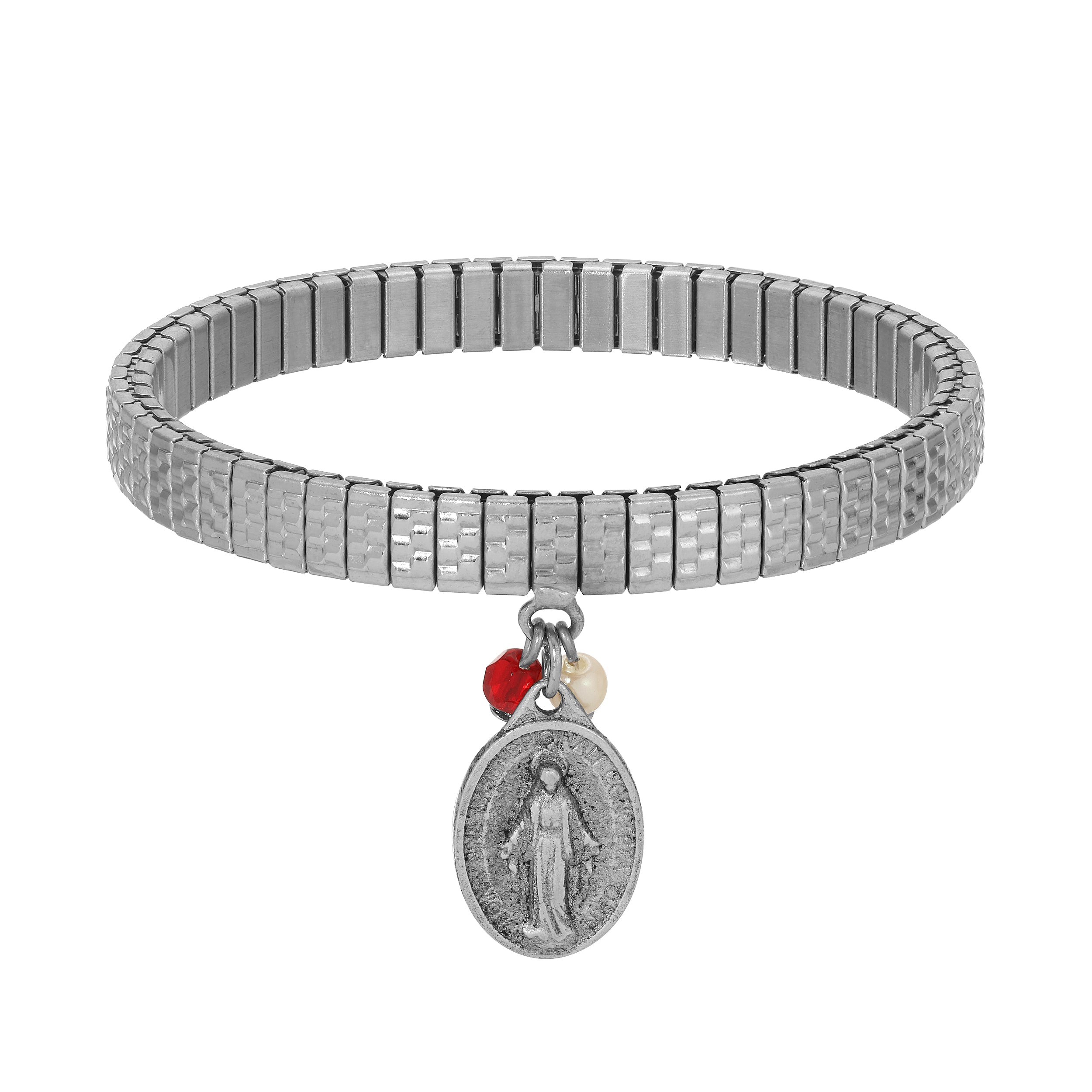 Symbols Of Faith Miraculous Medal Charm Faux Pearl Pearl & Crystal Stretch Bracelet