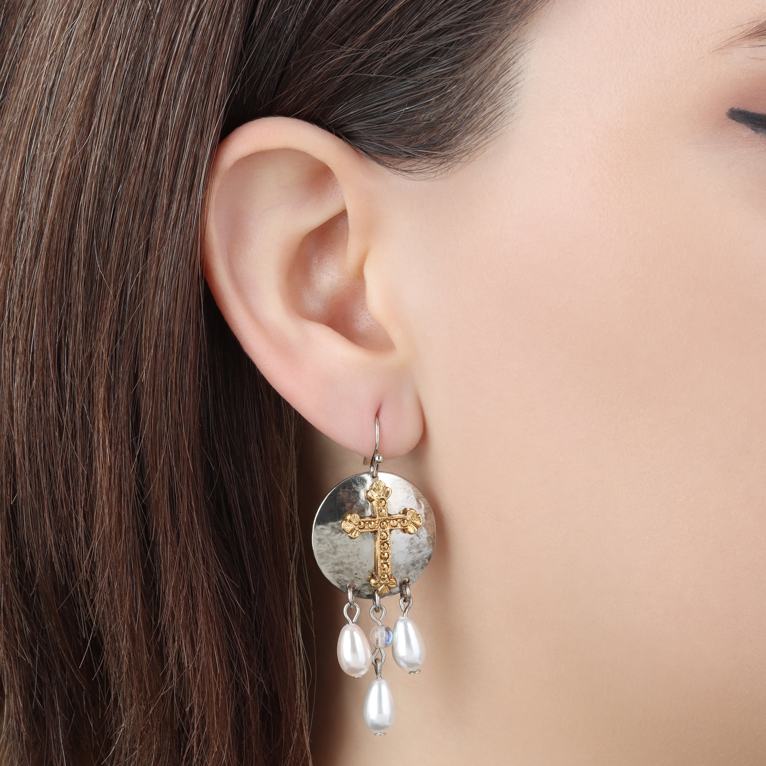 Symbols of Faith Hammered Drops And Cross Faux Pearl Dangling Earrings