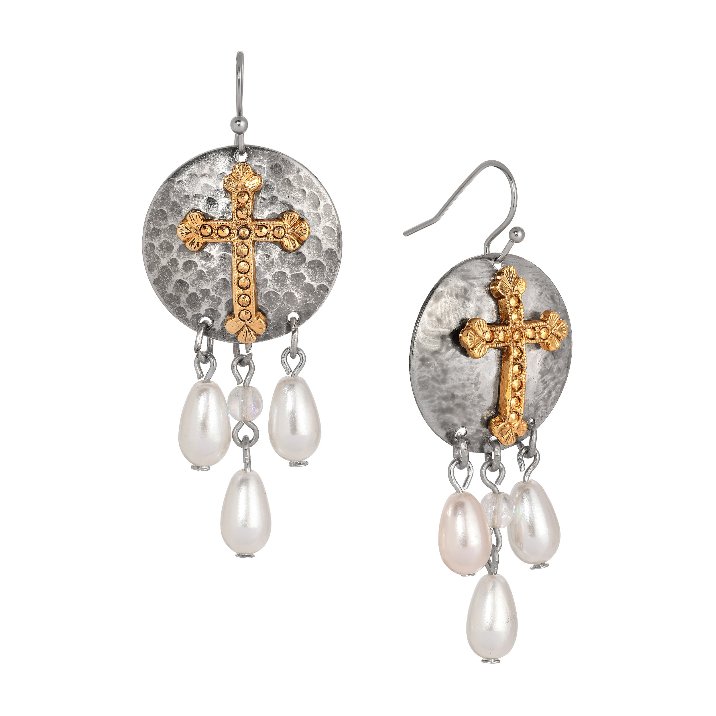 Symbols of Faith Hammered Drops And Cross Faux Pearl Dangling Earrings