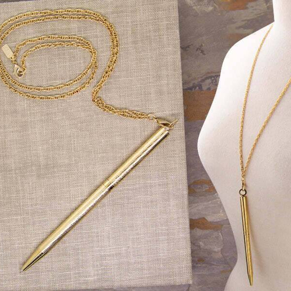 1928 Jewelry Vintage Style Textured Barrel Ball Point Pen Necklace 28"